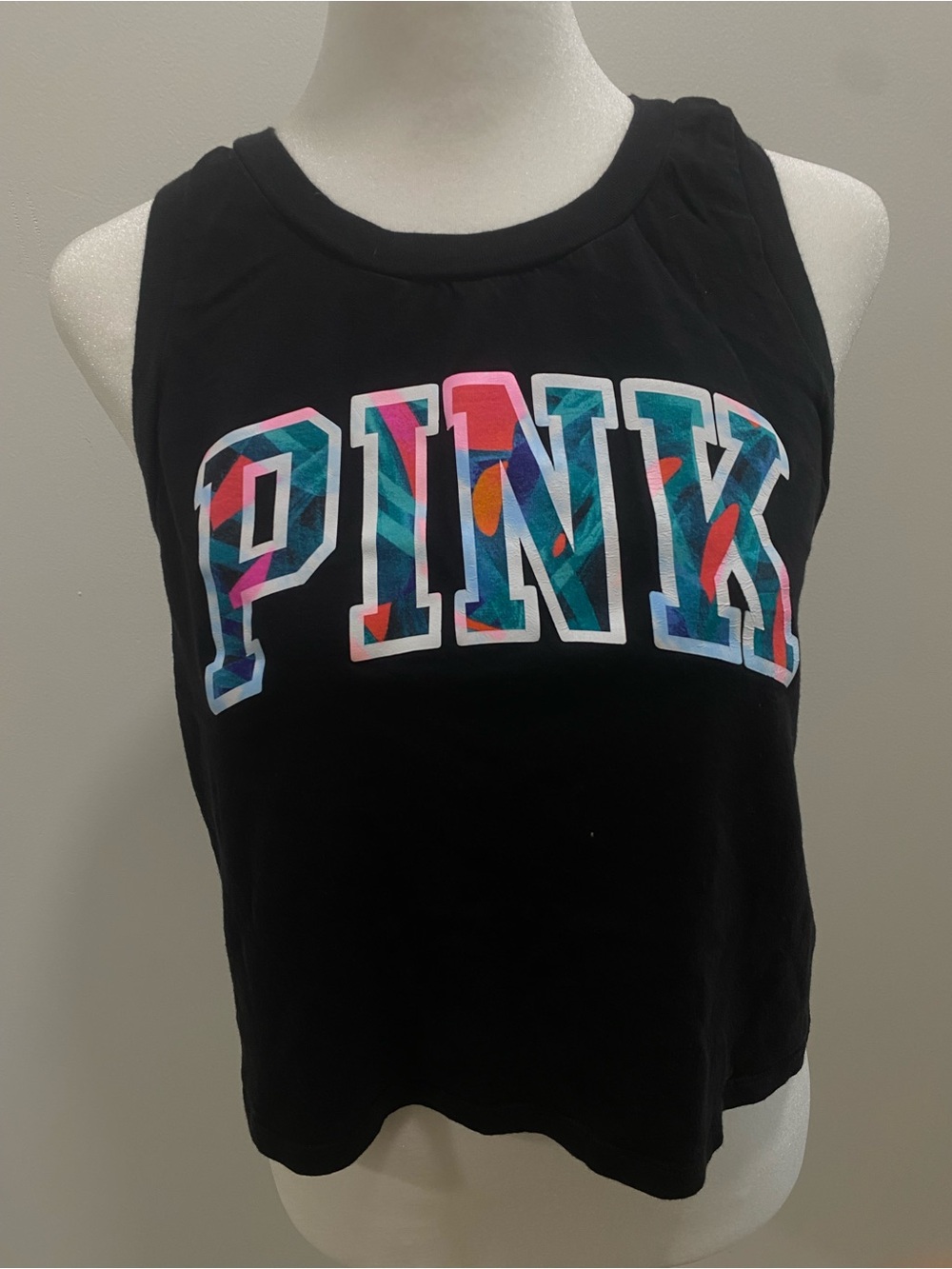 PINK Victoria's Secret Black Tank with Colorful Patterned Logo